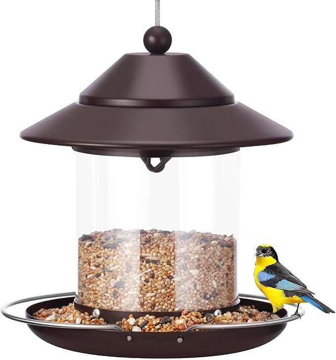 Bird Feeders for Outdoors, Hanging Small Metal Roof Bird Feeder with 2LB Clear Tube Seed Capacity for Viewing Cardinal Finch, Wild Birdfeeders for Outside Garden Yard Decoration
