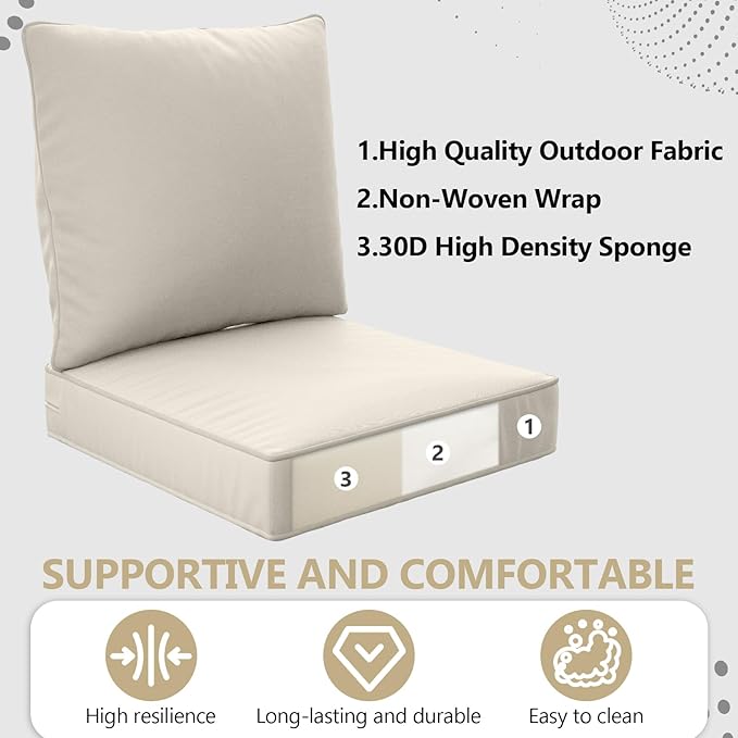 24" x 24" x 6" Outdoor Deep Seat Cushions Set - 6 Set Waterproof & Fade Resistant Patio Furniture Replacement Cushions, Non-Slip Outdoor Cushions Fit Loveseats, Couches, Chairs, and Sofas.
