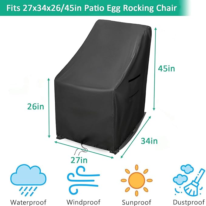 Outdoor Patio Egg Rocking Chair Cover - Waterproof, Fits Indoor Papasan Chair & Rattan Wicker Lounge Chairs (Black, 27x34x26/45in, 2pcs)