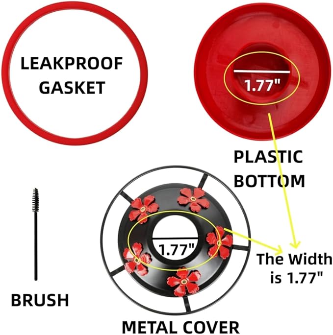 WOSIBO Hummingbird Feeder Replacement Bottom Base Replacement Part Includes Red Plastic Base Metal Top and Brushes (Black with 5 Flower)