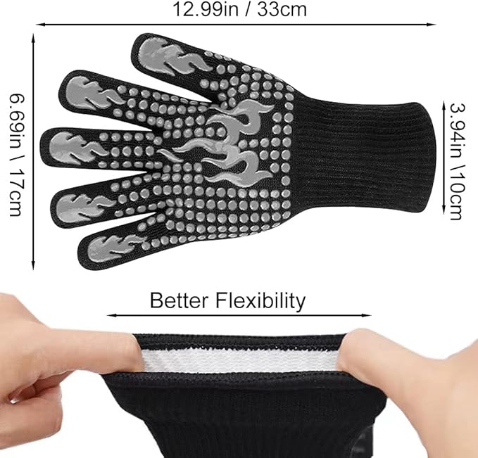 BBQ Gloves, Heat Resistant Gloves for Cooking, Non-Slip Grill Oven Mitts, 1472°F Extreme Heat Resistant Silicone Grilling Gloves for Barbecue, Frying, Baking, 1 Pair (Gray)