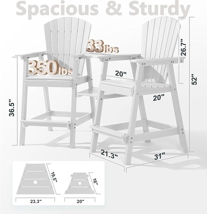 PASAMIC Tall Adirondack Chairs Set of 2, All-Weather HDPE Bar Height Patio Chairs with Double Tray, Heavy-Duty Outdoor Balcony Furniture for Garden, Backyard, White