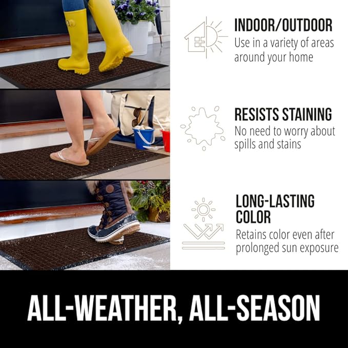 GORILLA GRIP 100% Waterproof All-Season WeatherMax Doormat, 47x35, US Designed Natural Rubber, Stain and Fade Resistant, Low Profile Indoor Outdoor Door Mats, Easy Clean Patio Mat, Coffee Squares
