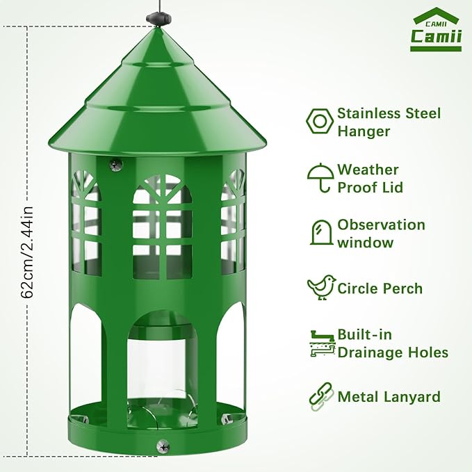 Bird Feeders for Outdoors Hanging, Metal Wild Bird Feeder for Outdside Easy to Clean & Refill, Weatherproof & Large Capacity, Ideal Birdfeeder for Attracting Finch, Cardinal, Blue Jay, Green