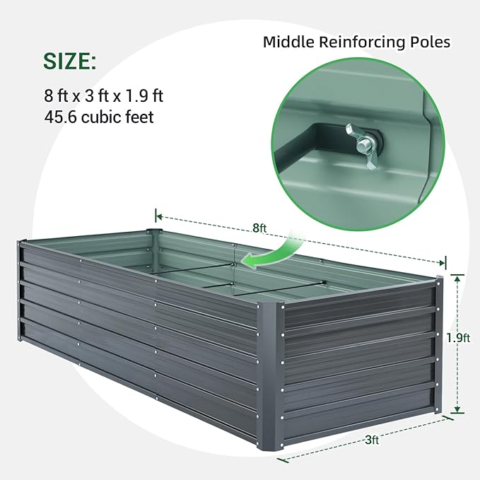 Ohuhu Metal Raised Garden Bed Outdoor 8x3x1.9 FT Reinforced Galvanized Rustproof Colored Steel Planter Boxes for Vegetables, Heavy Duty Raised Beds for Growing Flowers Herbs Succulents