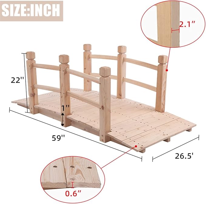 LEEXCCOS Higher Quality & Stronger Wooden Garden Bridge for Outdoors 5ft, More Durable Landscape Arch with Safety Railsm, 500lbs Capacity Decorative Pond Bridge (Natural Wood)
