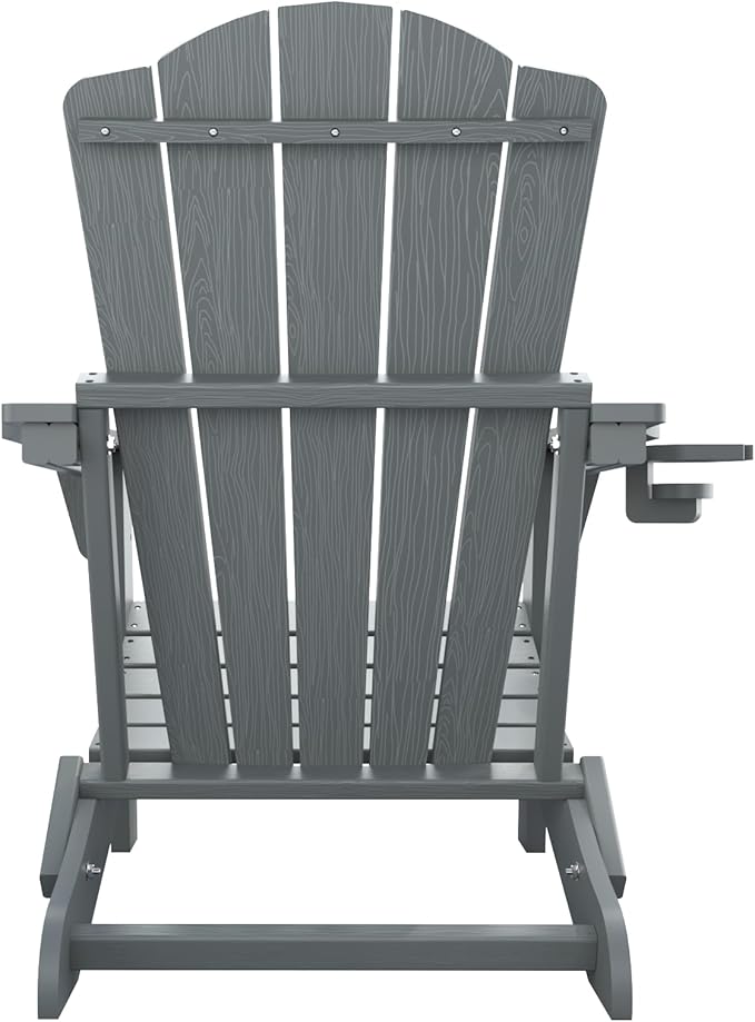 Folding Adirondack Chair Set of 8,HDPE All-Weather Outdoor Chair with Cup Holder,Wooden Textured,Fire Pit Chair,Plastic Patio Chair for Deck,Backyard,Garden,Lawn(Grey)