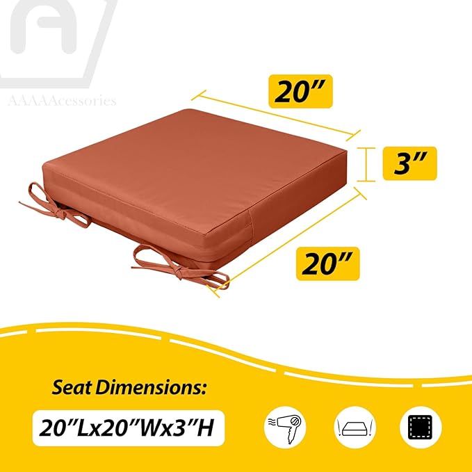 AAAAAcessories Outdoor Seat Cushions for Chairs, Waterproof, Fade-Resistant, 20" x 20" x 3", Patio Furniture Replacement Cushions, Set of 2, Rust
