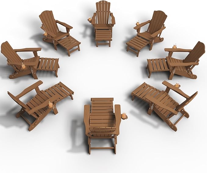 Folding Adjustable Adirondack Chairs with Ottoman & 1 Cup Holders Set of 8, HDEP Multifunctional Adirondack Chair with Footrest,Wood