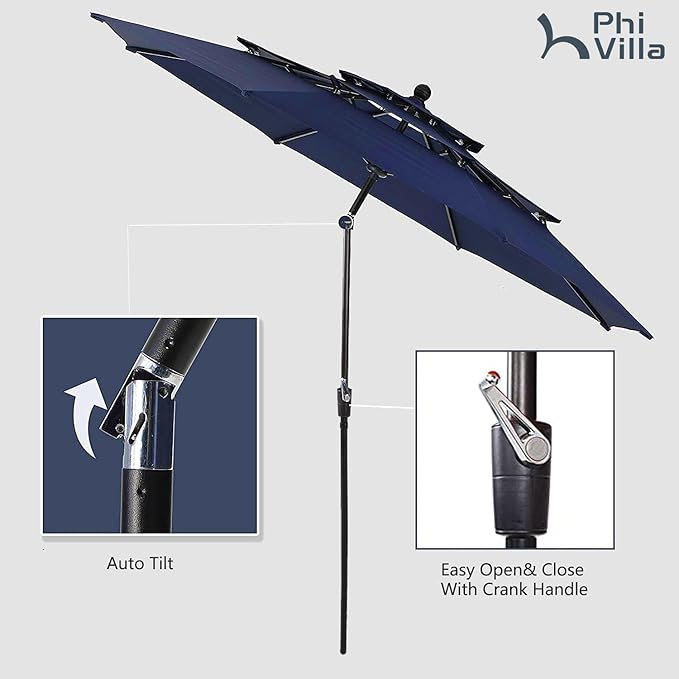 PHI VILLA 5 Piece Outdoor Dining Set with 10ft Umbrella, 37" Square Metal Dining Table & 4 Stacking Metal Chair with 3 Tier Navy Umbrella for Patio, Deck, Yard, Porch