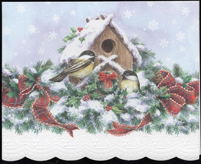 Set of 3 - Christmas Holiday Snowy Birdhouse Boxed Note Cards by Carol Wilson. 10 embossed 4x5 Die-Cut Notecards and Matching Envelopes in Decorative Gift Box with Magnetic Flap. NCPX2423