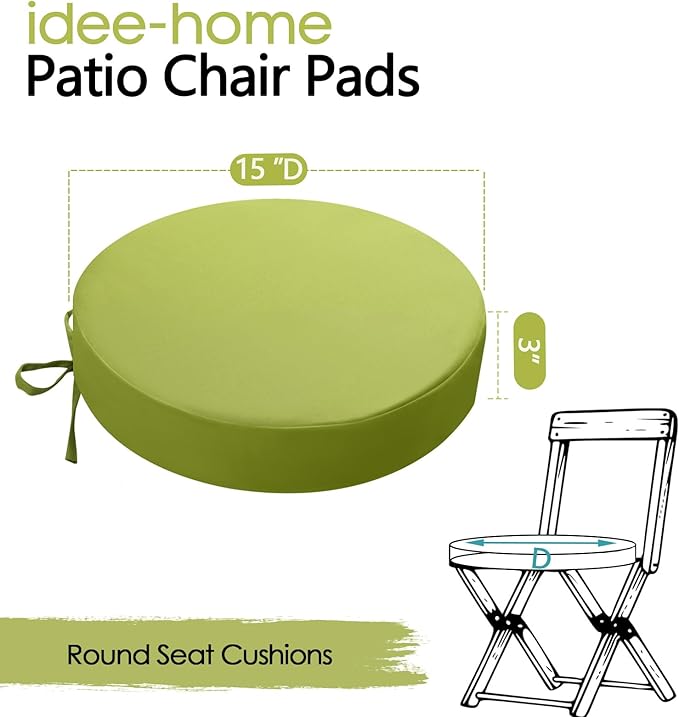 idee-home Outdoor Bistro Chair Cushions, 15”x15”x 3” Thick Outdoor Round Seat Cushions Set of 2 with Ties, Waterproof Round Patio Furniture for Garden