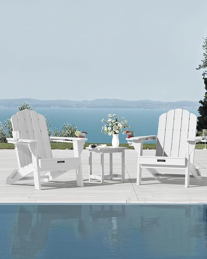 Folding Adirondack Chair, HDPE Adirondack Chair with 2 Cup Holders, Pre-Assembled Outdoor Fire Pit Chairs for Patio, Garden, Poolside, White