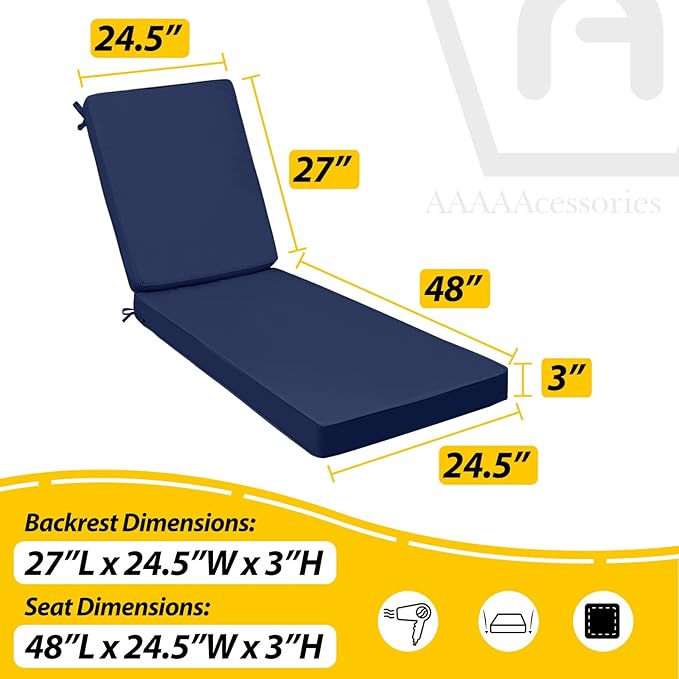 AAAAAcessories Outdoor Chaise Lounge Cushions, Fade-Resistant, Waterproof Patio Furniture Replacement Cushions, 75" x 24.5" x 3", Set of 2, Navy Blue