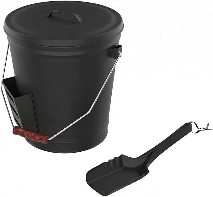 Ash Bucket - 4.75-Gallon Metal Bucket with Lid and Shovel for Fireplace or Firepit Ashes - Heat Resistant Fireplace Tools by Pure Garden (Black)