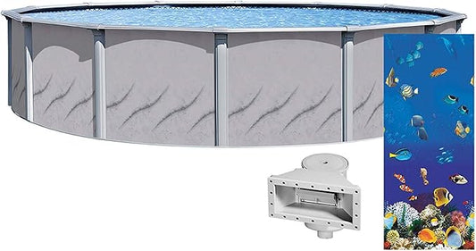 Lake Effect Pools 'Galeria' 24' Foot Round Above Ground Swimming Pool | 52" Inch Height | Caribbean Overlap Liner and Widemouth Skimmer Bundle | Resin Protected Steel-Sided Walls