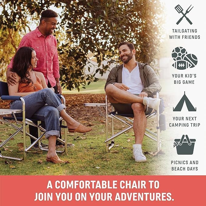 Picnic TIME Sports Chair with Side Table, Outdoor Foldable Padded Adult Camping Chairs with Cup and Accessory Panel for Lawn, Beach, & Sports Use for Adults, up to 300-lbs Capacity, (Gray)