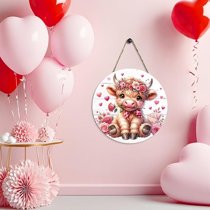 Valentines Day Wall Decor, Valentines Day Door Decorations, Gift for Boyfriend Girlfriend Wife, Pink Heart Rose Highland Cow Wood Hanging Sign Anniversary Porch Home Office Door Decor