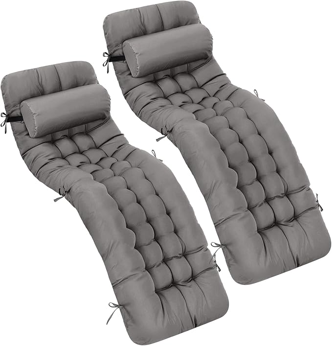 Tudomro 2 Pcs Dark Gray 66'' Outdoor Chaise Lounge Cushion Waterproof Patio Lawn Pool Chaise Lounge Cushion with Headrest Pillow & Ties Weather Fade Resistant Replacement Longue Chair Pad