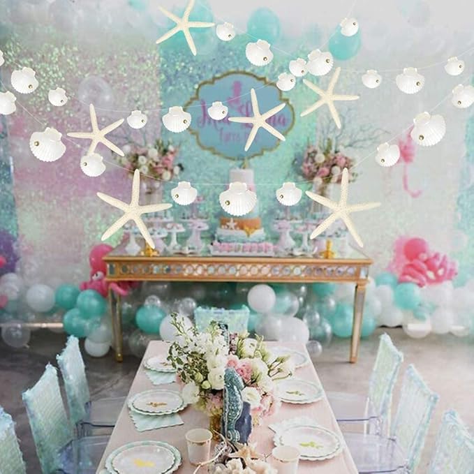 Decor365 White Finger Starfish Sea Shell Garland Ocean Coastal Nautical Party Decoration Starfish Cutouts Hanging Bunting Banner Under The Sea Mermaid Wish Birthday Beach Wedding Decor