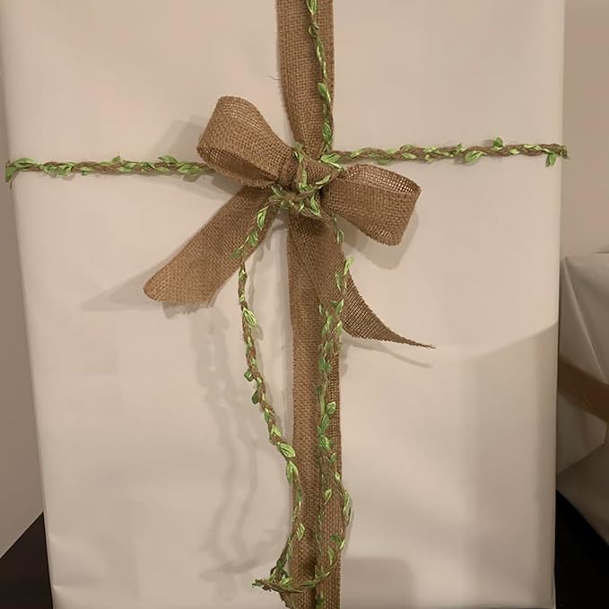 KEILEOHO 196Ft 5MM Burlap Leaf Ribbon, 6 Rolls 33 Ft Natural Jute Twine Rope,Jute Twine with Green Leaves Ply Braided Burlap Ribbon Artificial Leaves Vine Rope for Wedding, Party, Garden Decor