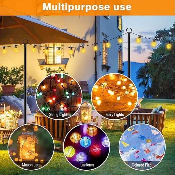 LETIANPAI 10Ft String Light Poles 4 Pack,Light Poles for Outside Lights,Outdoor with Fence Brackets Hanging Lights,Metal Stand Deck Patio Backyard (2 Pack 10FT)