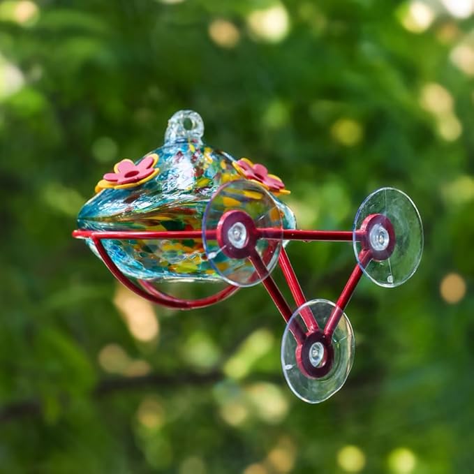 Window Hummingbird Feeder - Hand Blown Glass Mounted Hummingbird Feeder with Strong Suction Cups for Outdoor Window Mount (Blue)