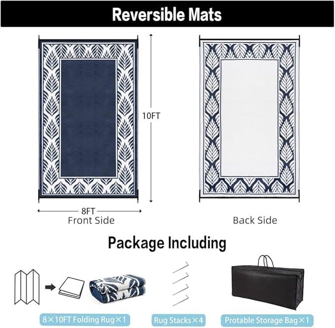 HUGEAR Outdoor Plastic Straw Rug, Waterproof Mat, Washable Large Floor Mat and Rug for Outdoors, RV, Beach, Patio, Camping, Backyard, Deck, Picnic,Indoor Outside (8x10ft,Olive-Leaf/Dark Blue&White)