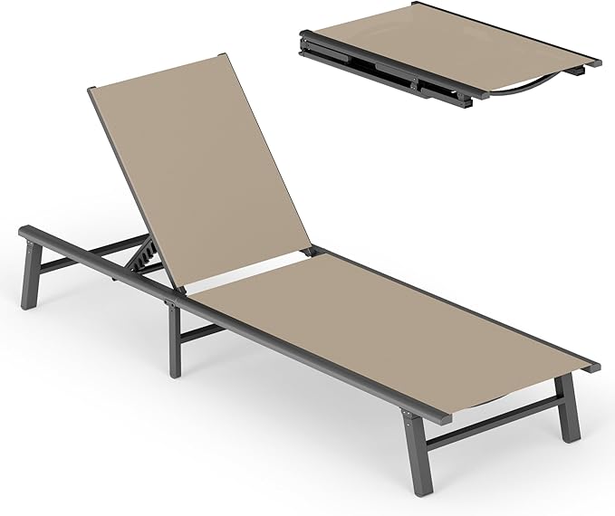 Ciokea Foldable Outdoor Lounge Chair, No Assembly Patio Chaise Lounge Outdoor with 5-Positions, Aluminum Pool Lounge Chair with Portable Design for Pool, Beach, Deck, Backyard, Khaki