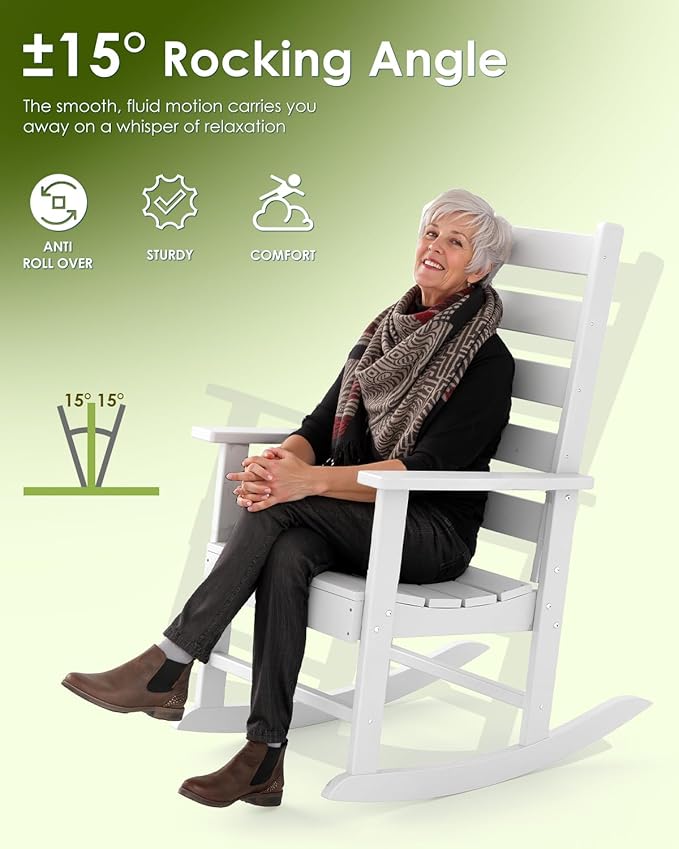 GREENVINES Outdoor-Rocking-Chairs-Set-of-2 | HDPE Plastic | Patio Rockers | Porch Rocker Chair | Shaker | Oversized | High Ladder Back | Big & Tall | PentaLuxe | White