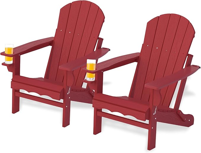 Folding Adirondack Chairs Set of 2, HDPE Fire Pit Chairs Weather Resistant, Outdoor Adirondack Chair with Cup Holder and Umbrella Hole, Wood Texture, Dark Red
