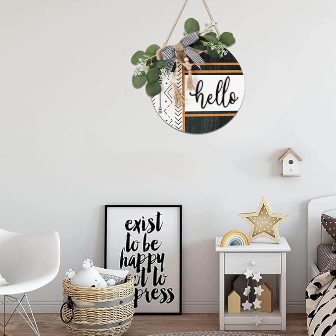 CHDITB Boho 3D Hello Front Door Wreath Sign(12"x12"), Farmhouse Front Door Porch Decor with Eucalyptus Leaves Plaid Bow Bead, Rustic All Seasons Door Hanger Decoration Hanging for Office Home