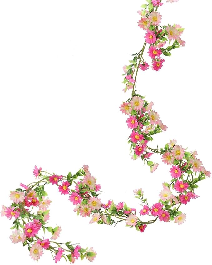 6.5ft Silk Flower Garland Pink Wildflower & Artificial Daisy Vine with 88 Blooms – Realistic Spring Floral Hanging Vines for Wedding Arch, Baby Shower, Party Backdrop, and Home Wall Decor