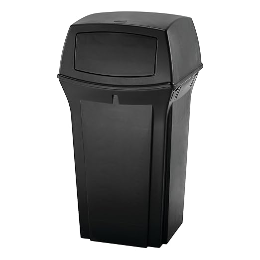 Rubbermaid Commercial Products Ranger Trash Can with 2 Door Lid, 35 GAL, Black Plastic, Outdoor for Stadiums/Parks/Shopping Plazas