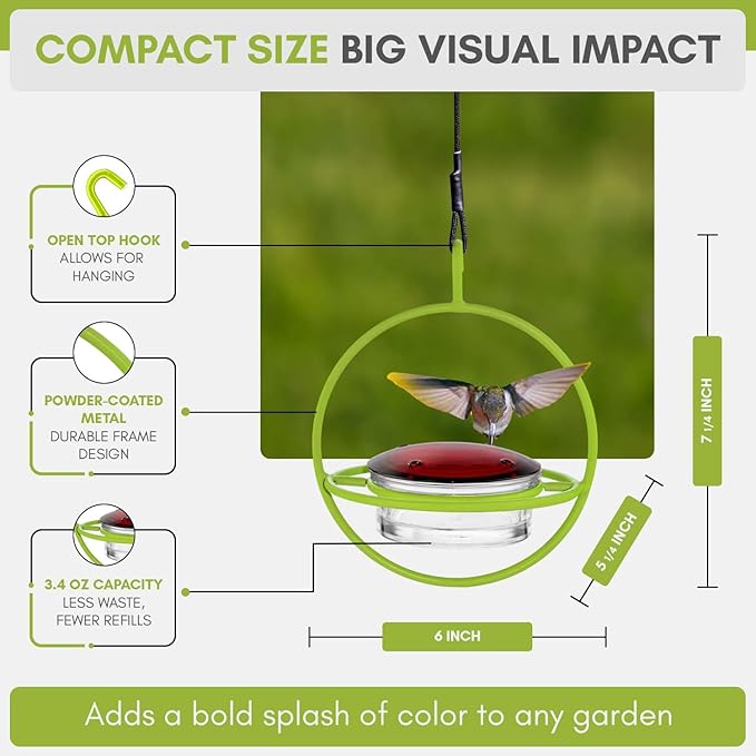 Hummingbird Feeder for Outdoors Hanging, 3.4 OZ Hummingbird Feeders, Glass Bowl with 4 Feeding Ports, Leak Proof Lid & Circular Perch, Bird Feeder (1, Lime)