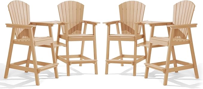 PASAMIC Tall Adirondack Chairs Set of 4, All-Weather HDPE Patio Chairs with Double Connecting Trays, Bar Height Heavy-Duty Outdoor Chairs for Garden, Backyard, Balcony, Wood