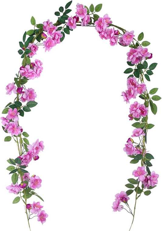 2 Pcs Artificial Flowers Garland for Outdoors Purple Faux Gardenia Garland 12Ft Silk Rose Hanging Vines Floral for Wedding Arch Party Wall Garden Ceremony Backdrop Fence Spring Decor