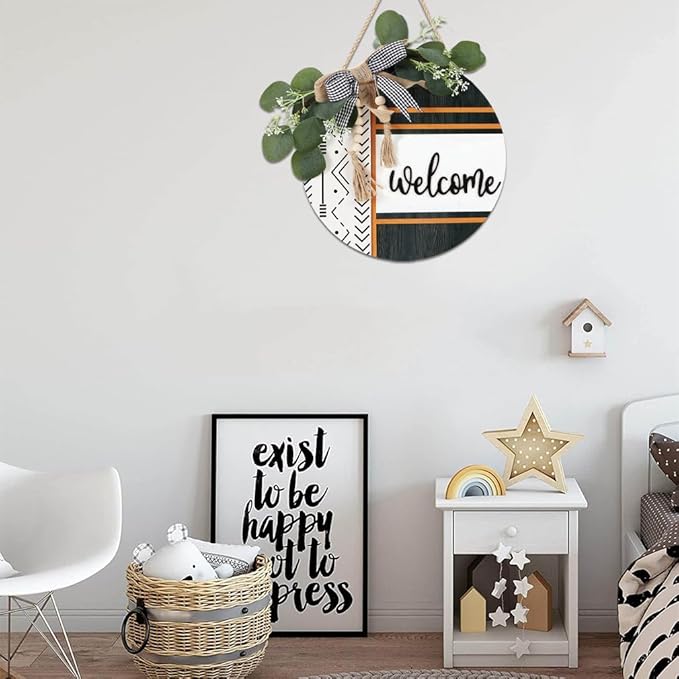CHDITB Boho 3D Welcome Front Door Wreath Sign(12"x12"), Farmhouse Porch Door Decor Sign with Eucalyptus Leaves Plaid Bow Bead, Rustic All Year Seasons Door Hanger Decoration Hanging for Office Home