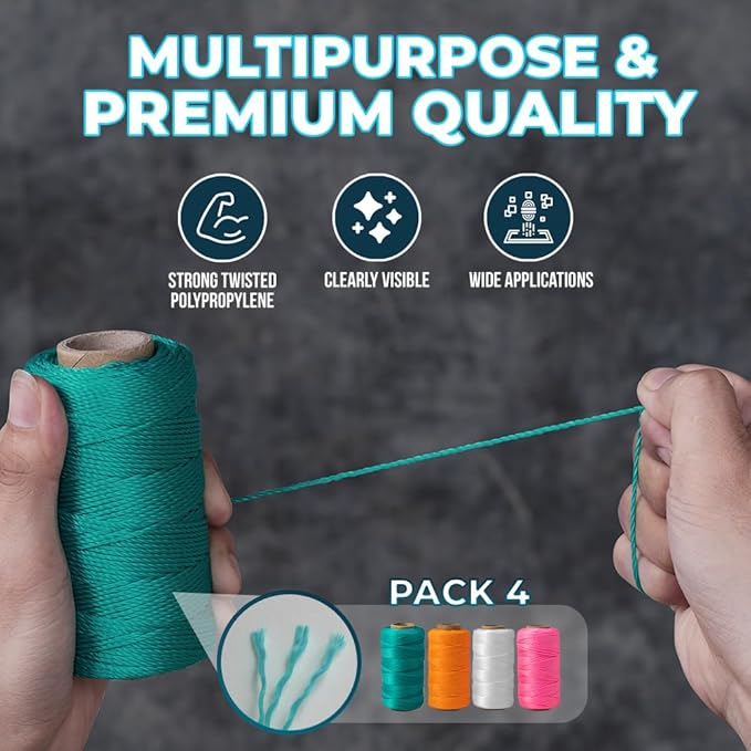 Mason Line String 1.3mm Thick Twisted Polypropylene – Durable Construction Twine for Laying Bricks, Blocks, Fences in Gardening, DIY & Landscaping Projects (Set 4 Colors, 393 Ft x 4 Pcs)