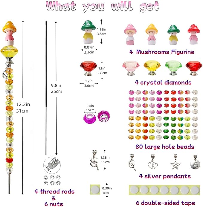 Fairy Garden Accessories Outdoor Kit - DIY Fairy Wand Beaded Garden Stakes Decorative with Miniature Mushrooms Figurine for Different Festivals, Beadable Items (Mushrooms)