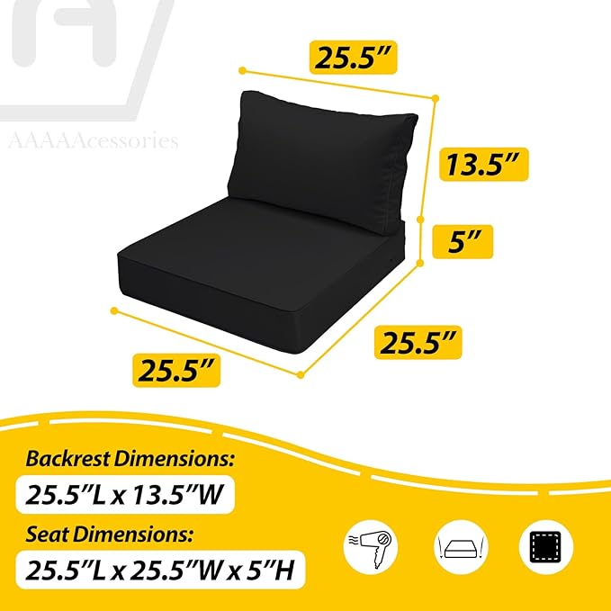 AAAAAcessories Outdoor Deep Seat Cushions, Waterproof, Fade-Resistant Patio Furniture Replacement Cushions, 25.5" x 25.5" x 5" + 25.5" x 13.5", Set of 4, Black