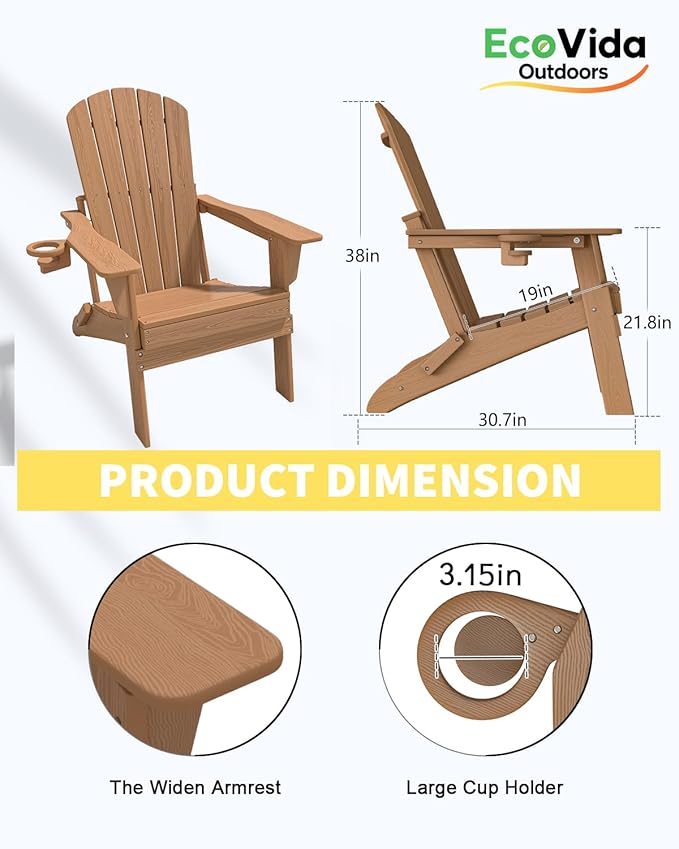 3-Piece Folding Adirondack Chair Set - 38" Extra Tall Back & Embossed Wood Grain, Oversized HDPE Patio Furniture with Side Table & Cup Holders, 380lb Heavy Duty, Cedar