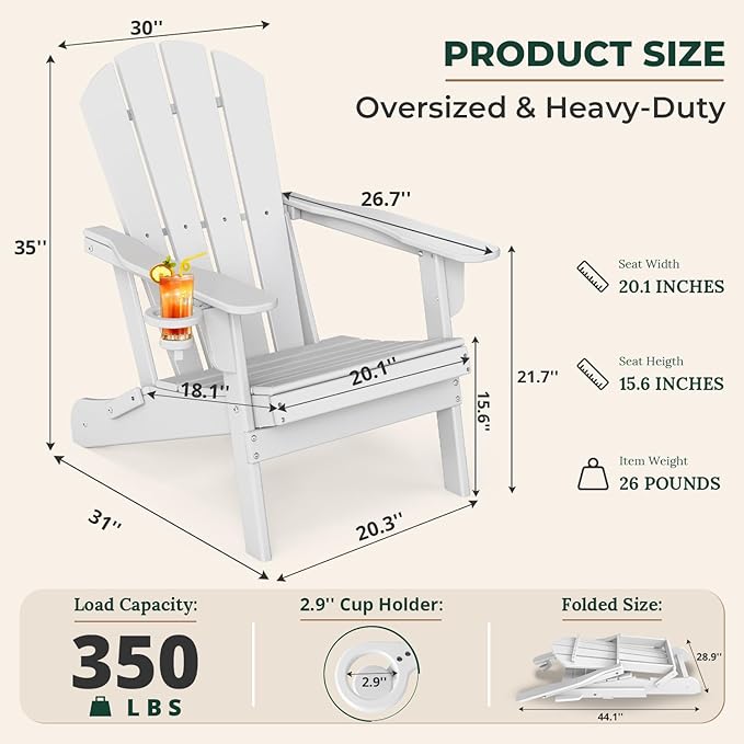 BRIOPAWS Folding-Adirondack-Chairs Set of 4 | HDPE Plastic | Fire Pit Chair | Cup Holder | Curved Back | All Weather | for Outdoor Backyard Deck Patio | White