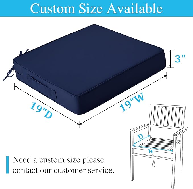 Amagenix Outdoor Chair Cushions Set of 2, 19"x19"x3" Waterproof Outdoor Seat Cushions for Patio Furniture, Stripe Reversible Patio Cushions with Ties & Handle & Hidden Zipper, Fade-Resistant,Navy Blue