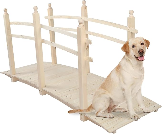 VINGLI 7.5 ft Garden Bridge, Arch Walkway Wooden Bridge with Safety Rails Natural Finished, Decorative Landscaping Footbridge for Koi Pond, Dry Creek Bed, Garden Pathway or Japanese Zen Decor