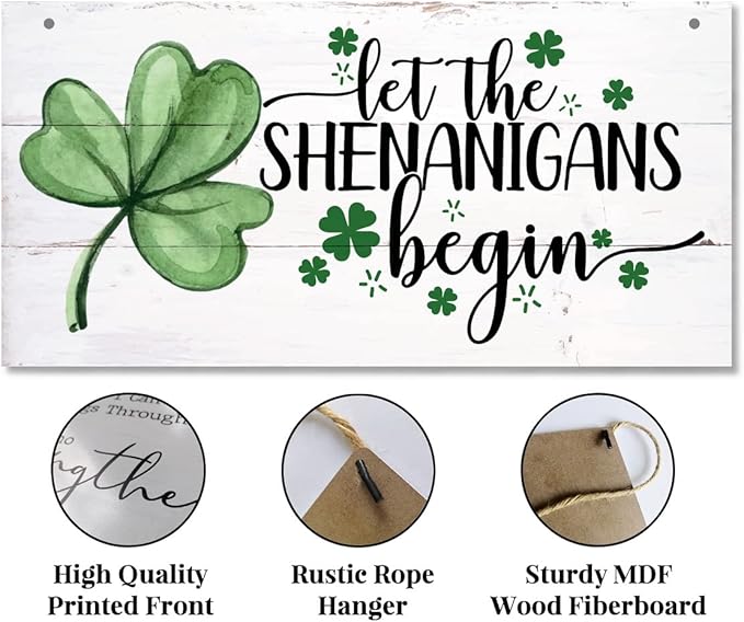 Hanging St. Patrick's Day Wooden Decor - 'Let the Shenanigans Begin' Wall Art, Home & Door Sign, Shamrock Theme