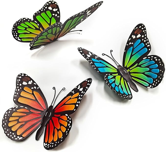 Metal Butterfly Wall Decor - 3 Pcs Butterflies Wall Sculpture Hanging Decorations for Outdoor Fences Patio Yard Fence Garden Decorations, Gifts for Mom Friends