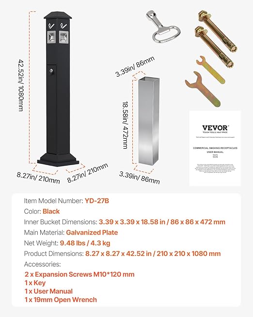 VEVOR Outdoor Trash Can, Weatherproof Lockable Trash Bin with Removable Inner Bucket, Freestanding Commercial Garbage Can, Butt Receptable for Garden, Office, Restaurant, Hotel, Black