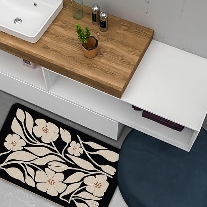 Boho Beige and Black Floral Door Mat - Bohemian Neutral Floral Front Door Welcome Mats Outdoor Entrance, 17x30 Rug