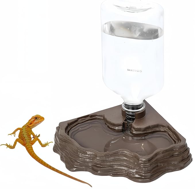 17oz Terrarium Tank Reptile Food Feeders Bowl, Water Feeder Automatic Water Dispenser Waterer Feeding Accessories, for Geckos Lizards Turtle Bearded Dragons (Brown)